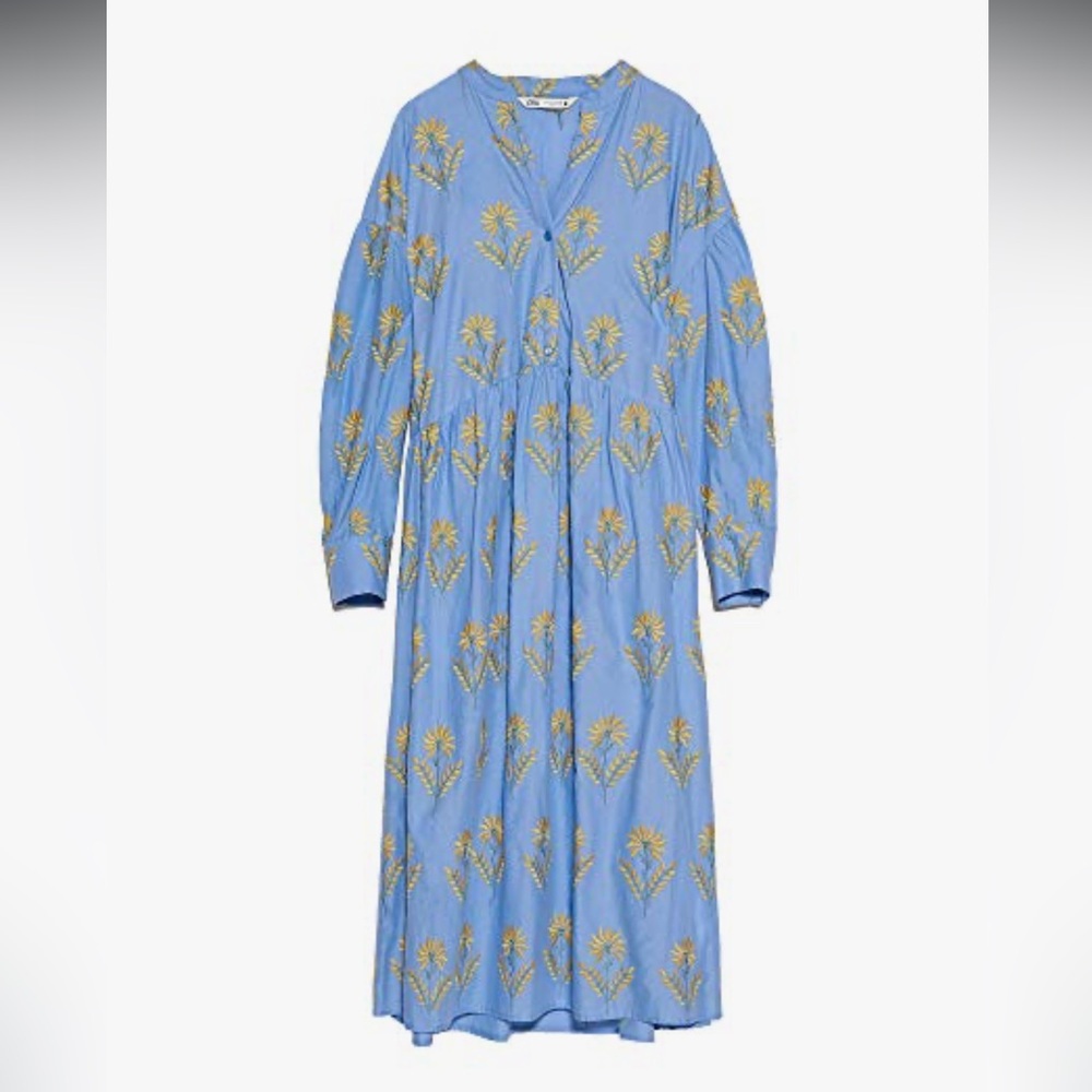 Zara Blue and Yellow Floral Long Sleeve Dress embroidered - Picture 2 of 10